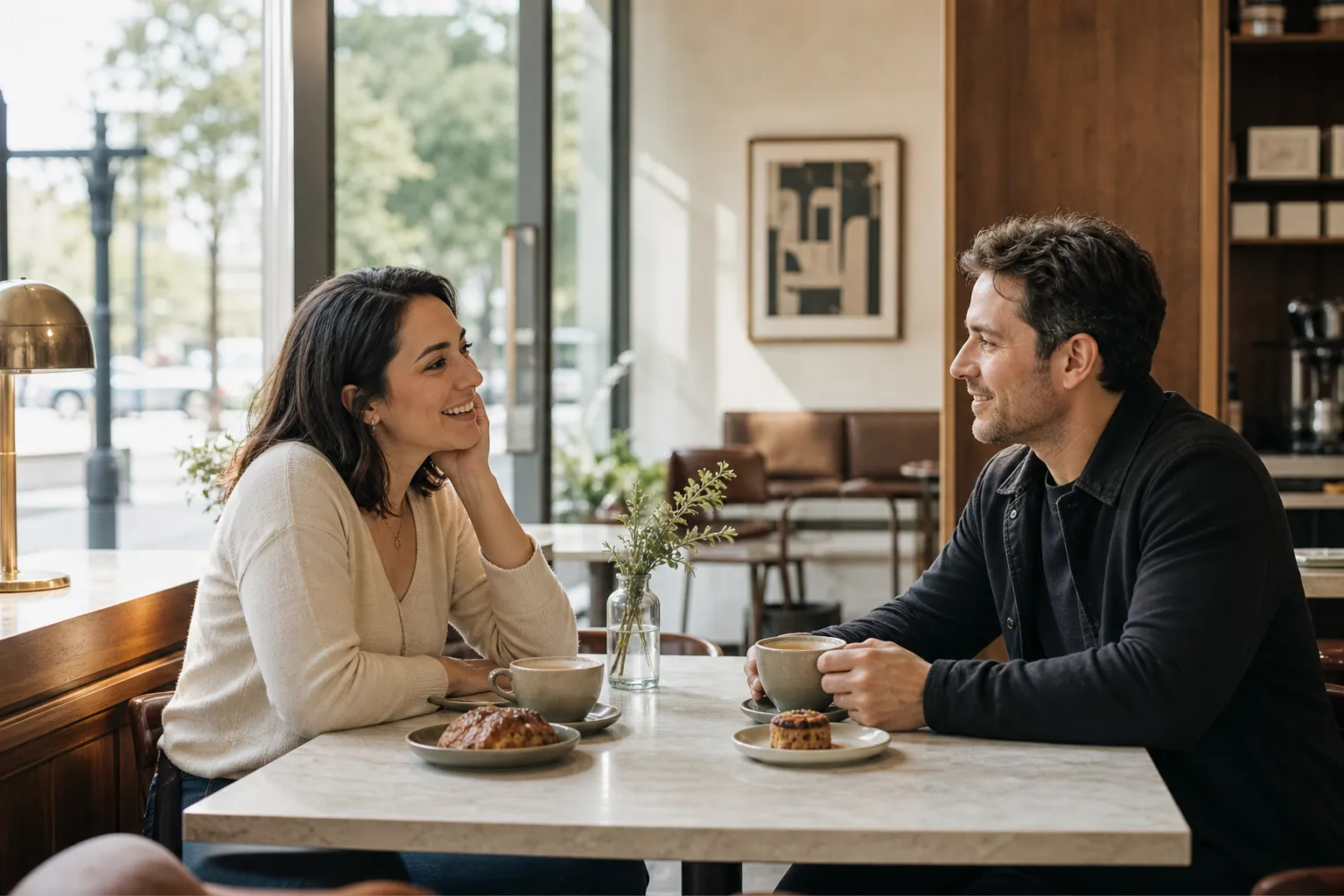 A couple talking over coffee in a Dallas café