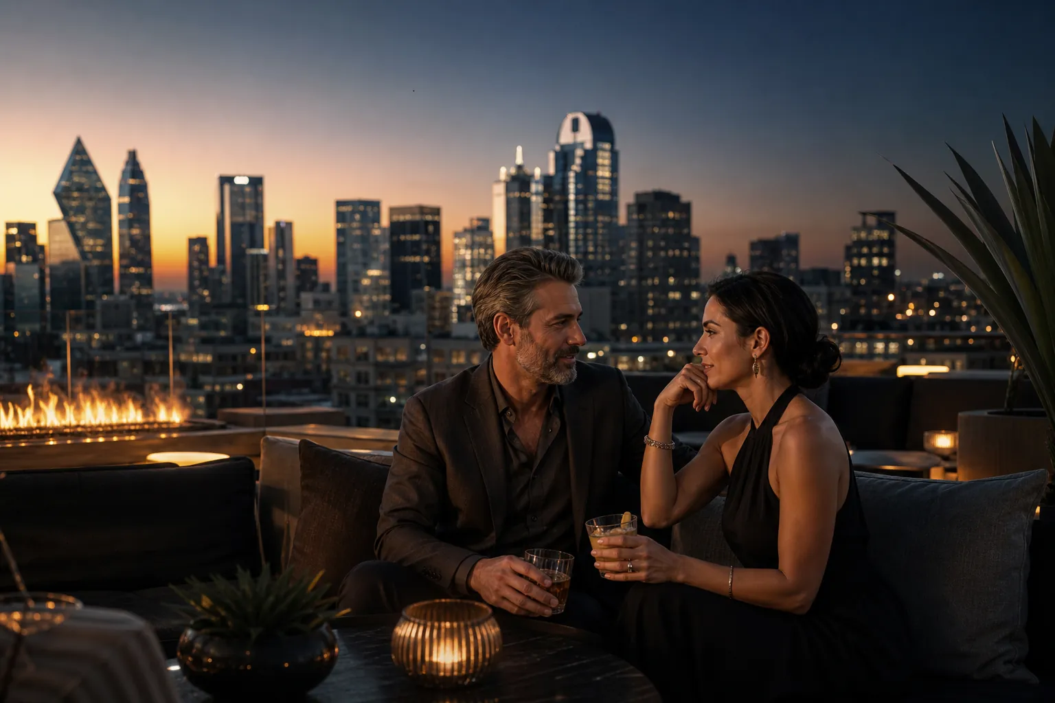 An elegant couple enjoying rooftop cocktails above Dallas