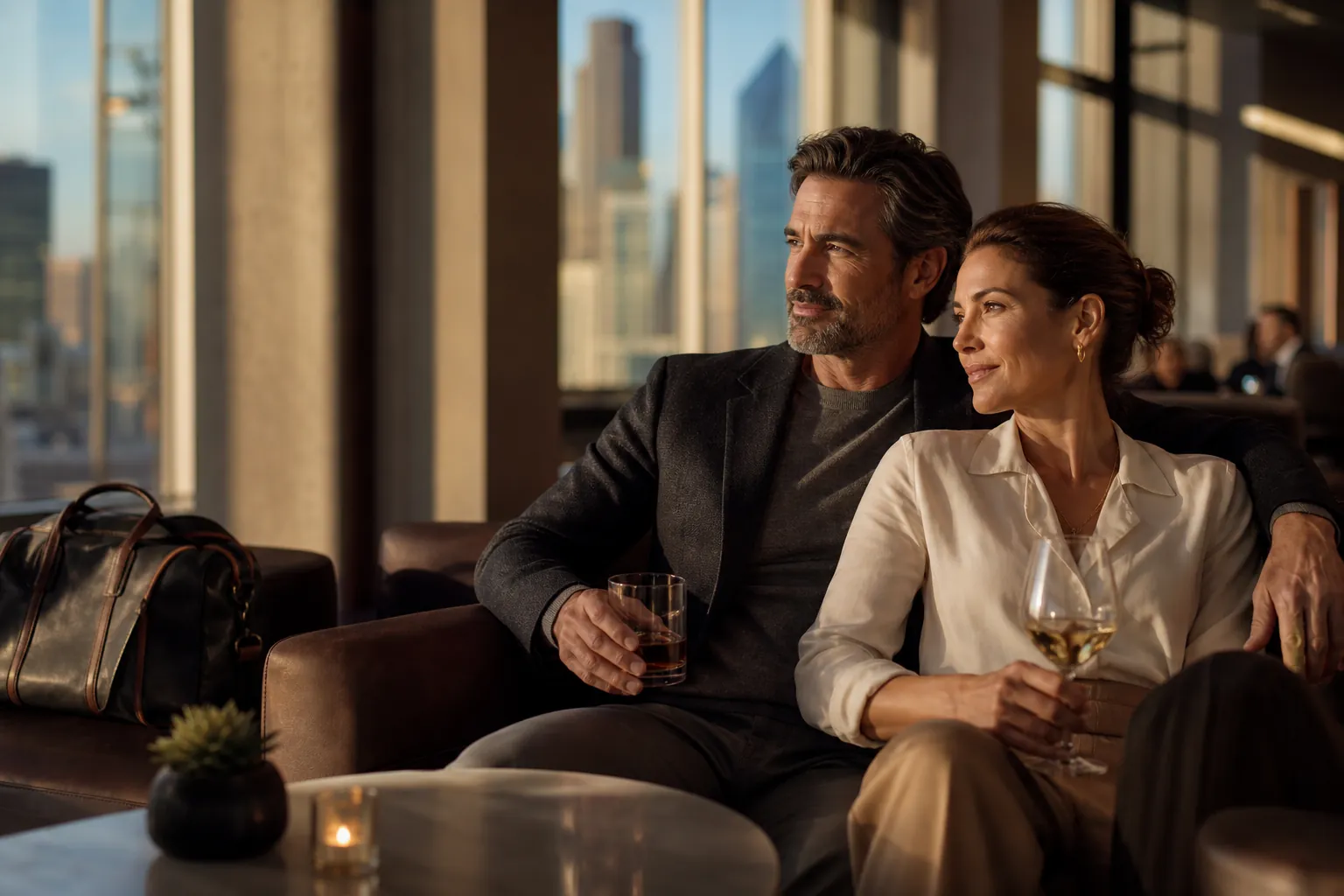 A stylish couple beginning a Dallas hotel staycation