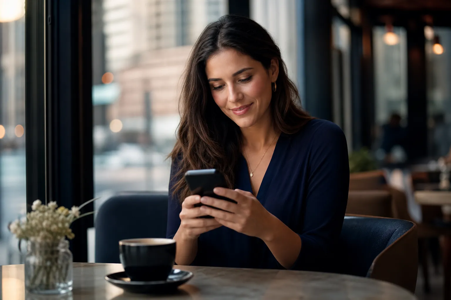 A poised Dallas woman enjoying a café moment