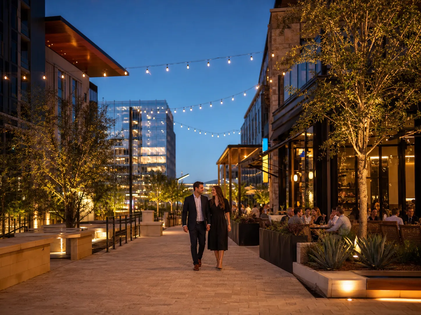 A couple walking through a refined Frisco dining district