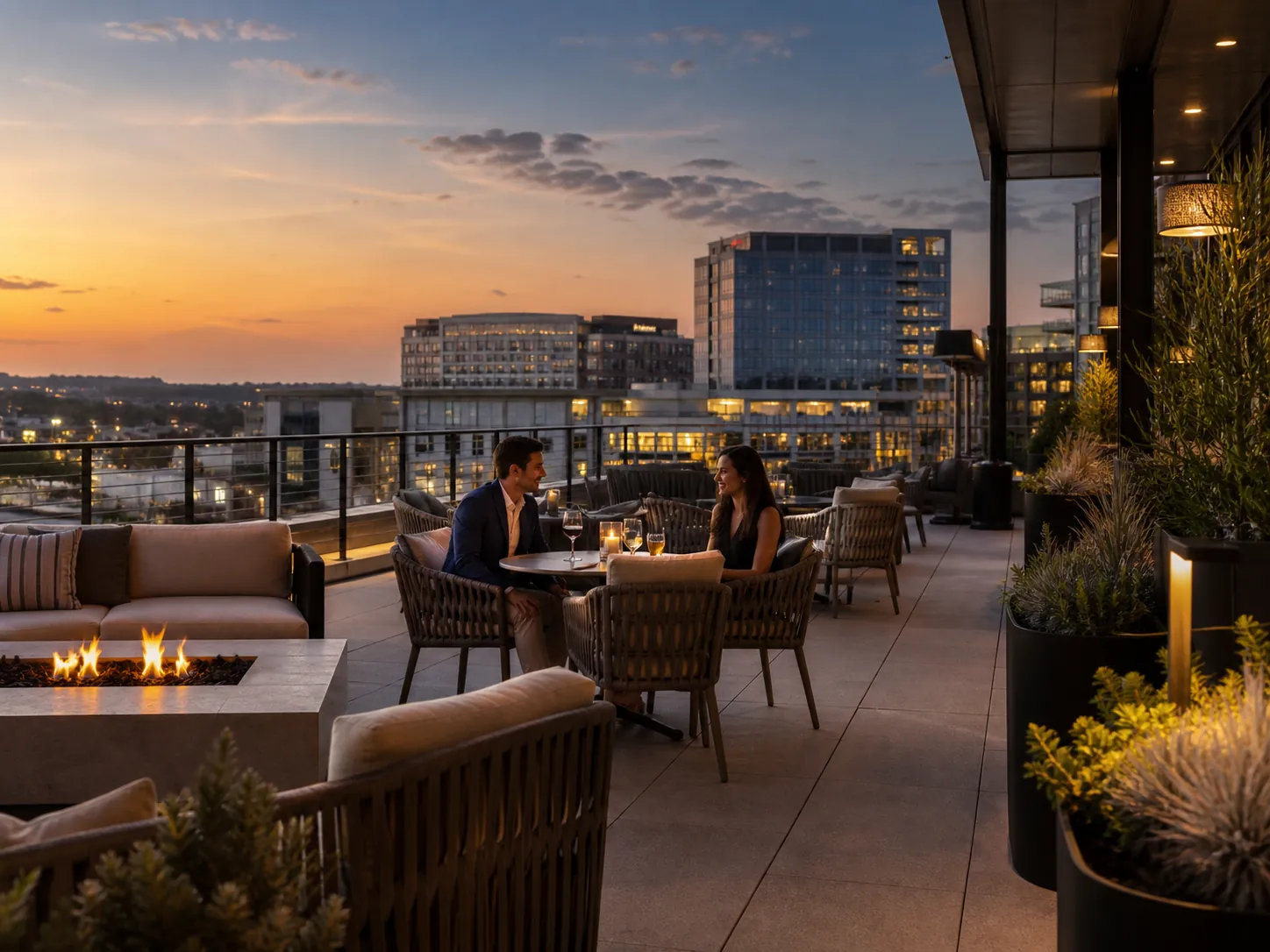 Rooftop dining in Plano at sunset